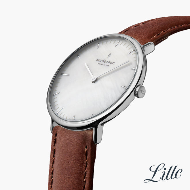 NR28SILEBRMP NR32SILEBRMP &Native mother of pearl watch - silver case - brown leather strap