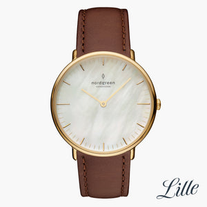 NR28GOLEDBMP NR32GOLEDBMP &Native mother of pearl watch - gold case - dark brown leather strap
