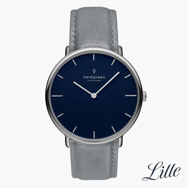 NR32SILEGRNA &Native ladies leather strap watches - navy dial - silver case -grey leather strap