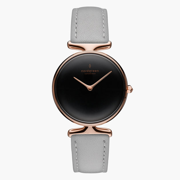 UN28RGLEGRBL UN32RGLEGRBL &Unika ladies leather strap watches - black dial - rose gold case - grey leather strap