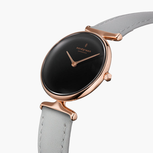 UN28RGLEGRBL UN32RGLEGRBL &Unika ladies leather strap watches - black dial - rose gold case - grey leather strap