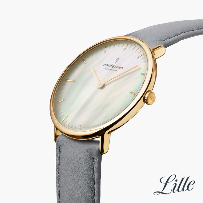 NR28GOLEGRMP NR32GOLEGRMP  &Native mother of pearl watch - gold case - grey leather strap