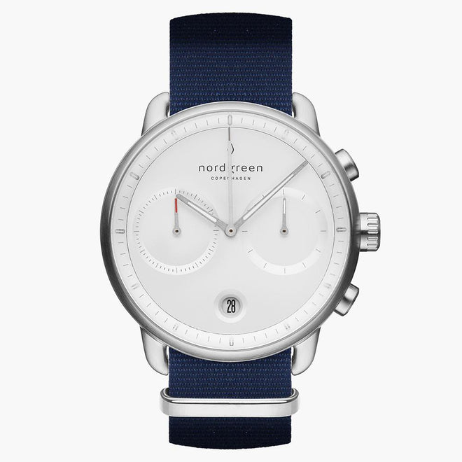 PI42SINYNAXX &Pioneer silver watch mens - white dial - navy nylon strap