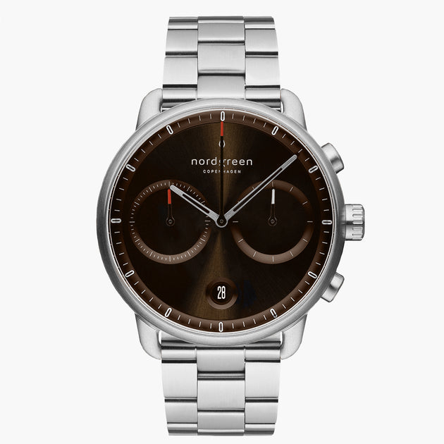 PI42SI3LSIBS &Pioneer silver watch mens - sunray brown dial - 3 link strap