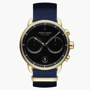 PI42GONYNABL &Pioneer mens gold watches - black dial - navy nylon strap