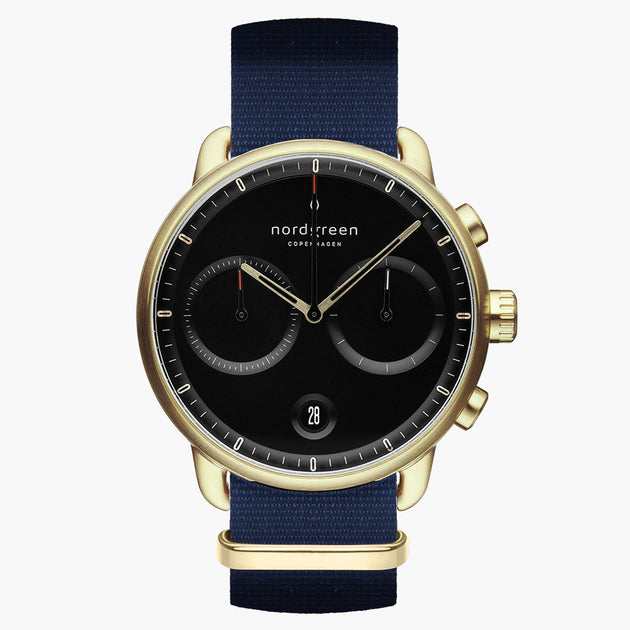 PI42GONYNABL &Pioneer mens gold watches - black dial - navy nylon strap