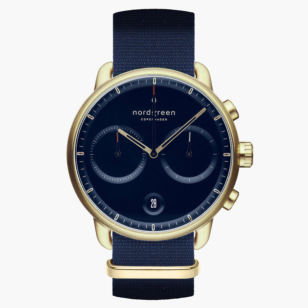 PI42GONYNANA &Pioneer mens gold watches - navy blue dial - navy nylon strap