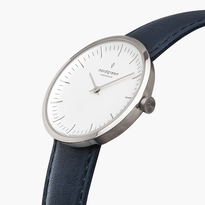 IN32SILENAXX IN40SILENAXX &Infinity ladies leather strap watches - white dial - silver case - navy leather strap