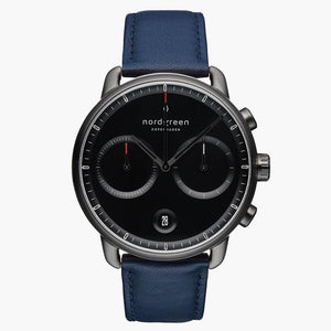 PI42GMLENABL &Pioneer gunmetal watch - black dial - navy blue leather strap