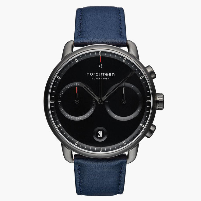 PI42GMLENABL &Pioneer gunmetal watch - black dial - navy blue leather strap