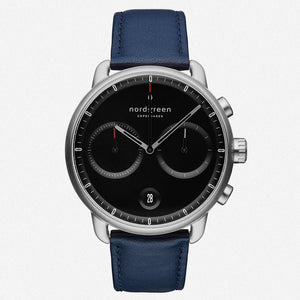 PI42SILENABL &Pioneer silver watch mens - black face - navy blue leather strap