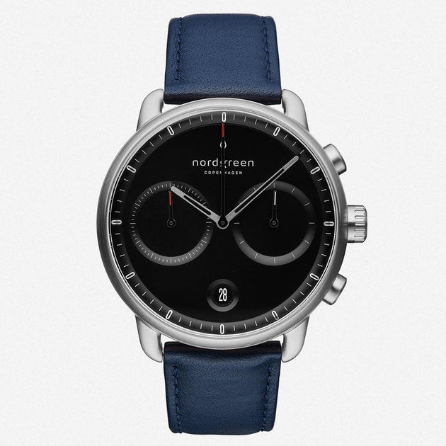 PI42SILENABL &Pioneer silver watch mens - black face - navy blue leather strap