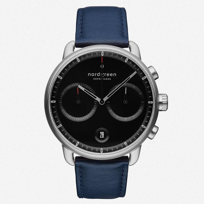 PI42SILENABL &Pioneer silver watch mens - black face - navy blue leather strap