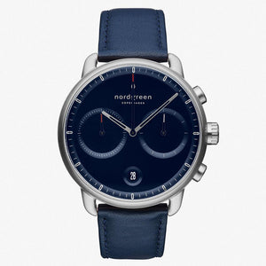 PI42SIVENANA &Pioneer silver watch mens - navy blue dial - navy blue leather strap