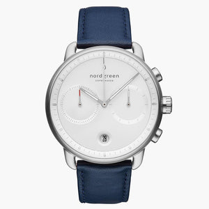 PI42SIVENAXX &Pioneer silver watch mens - white dial - navy leather strap