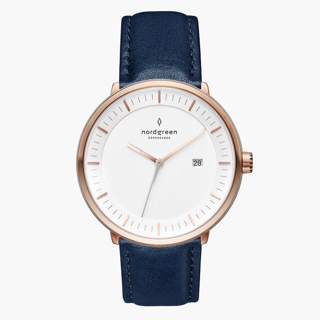 PH36RGLENAXX PH40RGLENAXX &Philosopher mens white face watches - rose gold case - navy blue leather strap