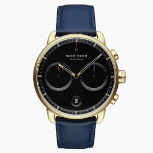 PI42GOVENABL &Pioneer mens gold watches - black dial - navy vegan leather strap