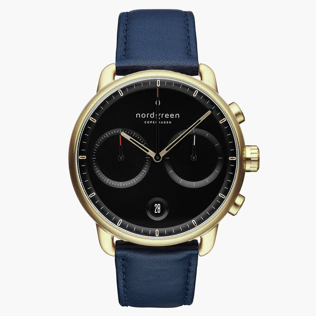PI42GOVENABL &Pioneer mens gold watches - black dial - navy vegan leather strap
