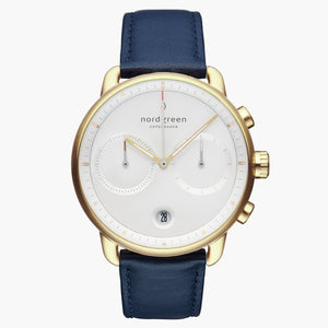 PI42GOLENAXX &Pioneer mens gold watches - white dial - navy leather strap