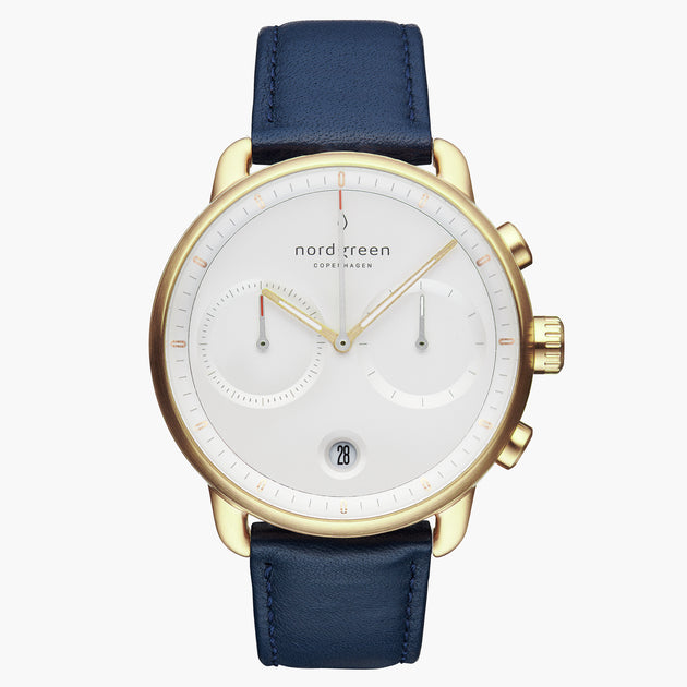 PI42GOLENAXX &Pioneer mens gold watches - white dial - navy leather strap