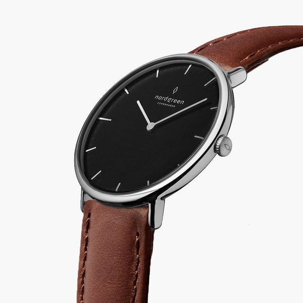 Silver watch with black leather strap store