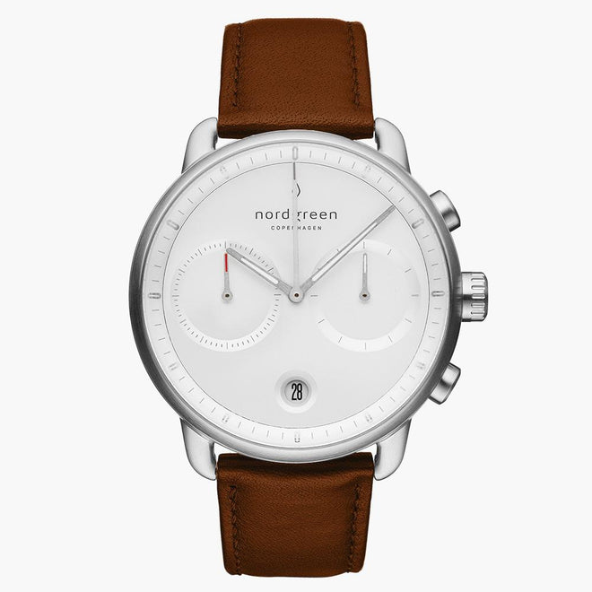 PI42SILEBRXX &Pioneer mens tan watch - white dial - silver case