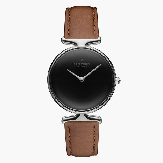 UN28SIVEBRBL UN32SIVEBRBL &Unika ladies leather strap watches - black dial - silver case - brown vegan leather strap