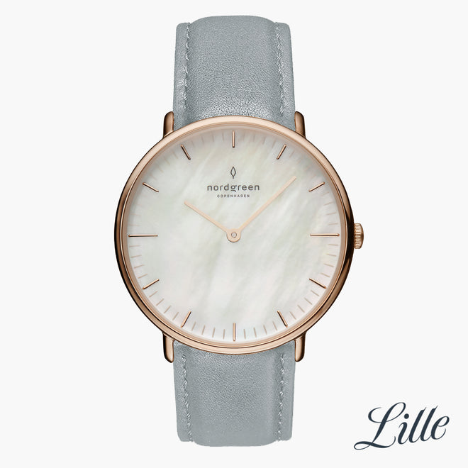 NR28RGVEDOMP NR32RGVEDOMP &Native mother of pearl watch - rose gold case - dove grey leather strap
