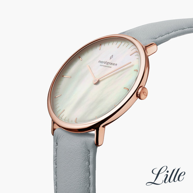 NR28RGVEDOMP NR32RGVEDOMP &Native mother of pearl watch - rose gold case - dove grey leather strap