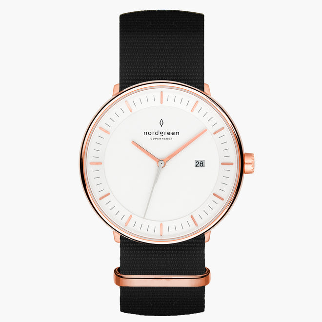 PH36RGNYBLXX PH40RGNYBLXX &Philosopher mens white face watches - rose gold case - black nylon strap