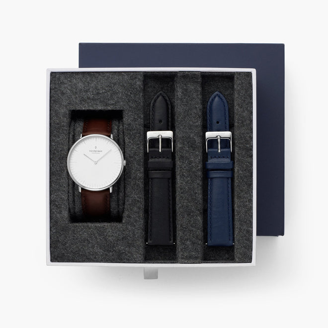 Native - BUNDLE White Dial Silver | Brown Leather / Black Leather / Navy Leather Strap