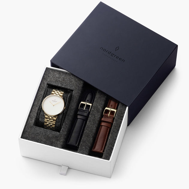 Native - BUNDLE White Dial Gold | Gold 5-Link / Black / Brown Leather Strap