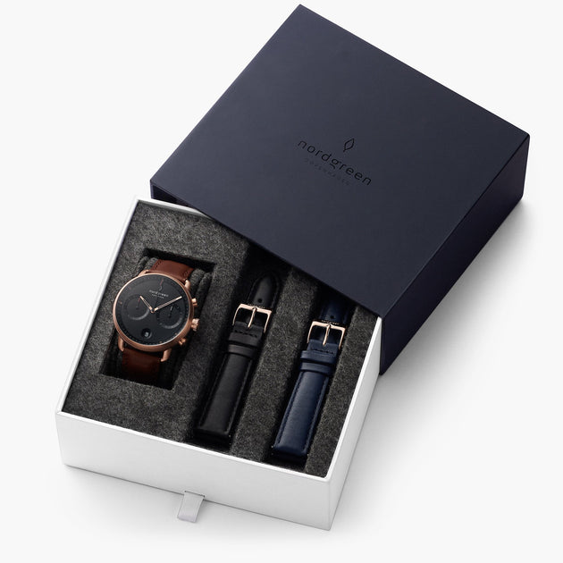 Pioneer - BUNDLE Black Dial Rose Gold | Brown Leather / Black Leather / Navy Leather Strap
