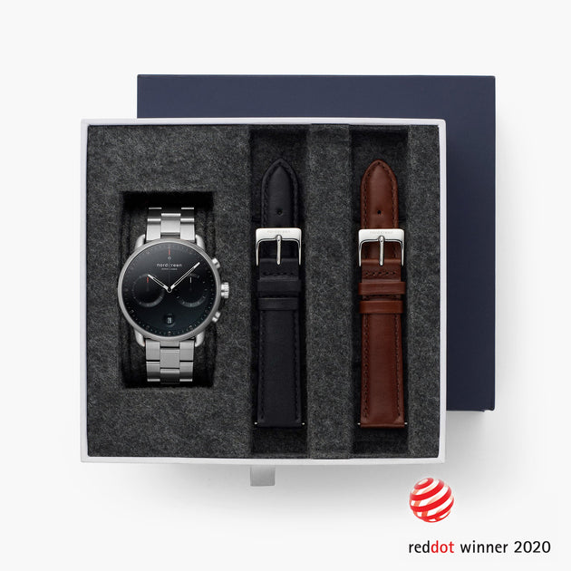 Pioneer - BUNDLE Black Dial Silver | Silver 3-Link / Black / Brown Leather Strap
