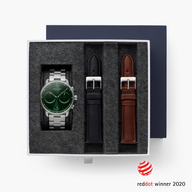 Pioneer - BUNDLE Green Sunray Dial Silver | 3-Link / Black Leather / Brown Leather