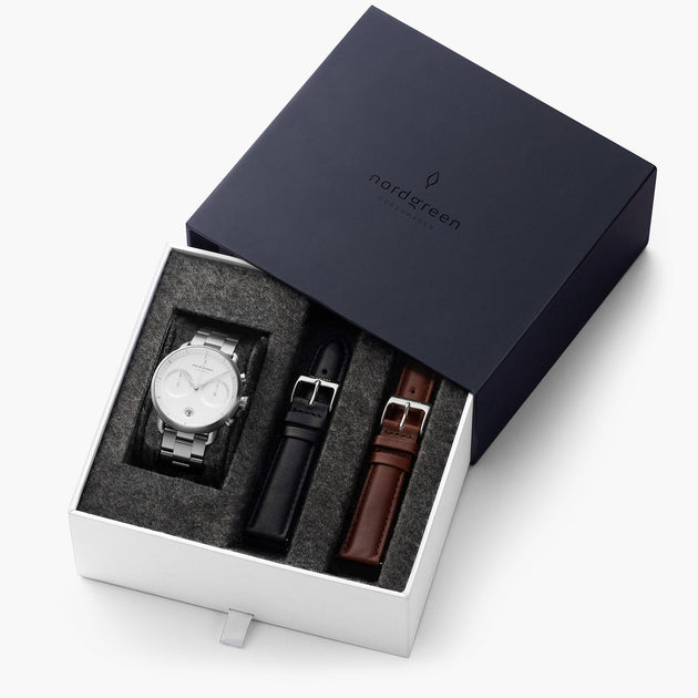 Pioneer - BUNDLE White Dial Silver | Silver 3-Link / Black / Brown Leather Strap