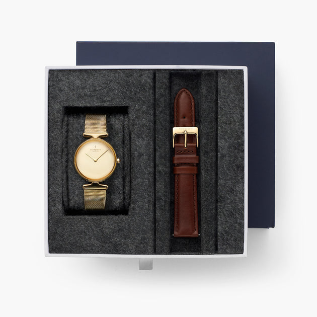 Unika - BUNDLE Polished Metal Dial Gold | Mesh / Brown Leather