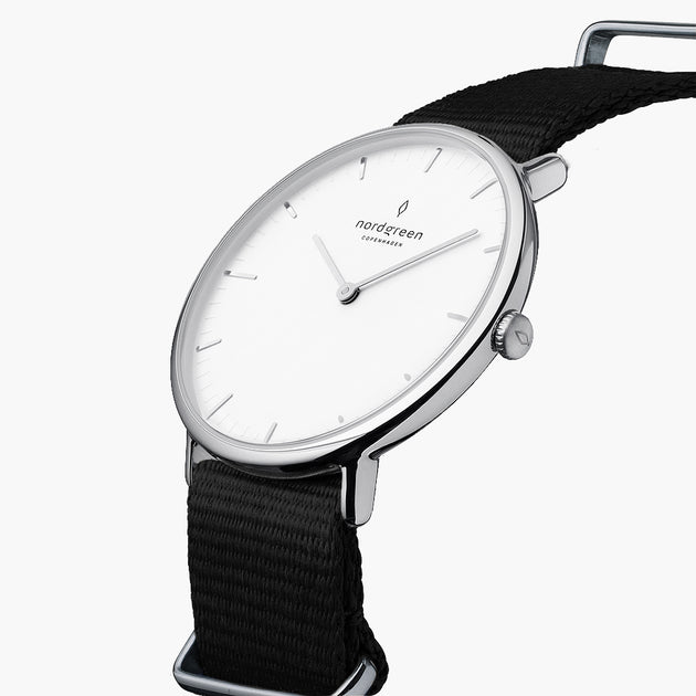 NR32SINYBLXX NR36SINYBLXX NR40SINYBLXX &Native silver watch mens - white dial - black nylon strap